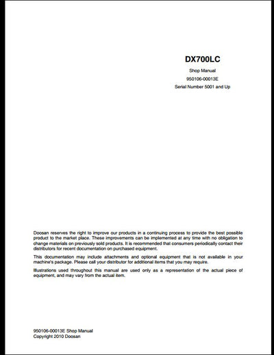 2010 Doosan DX700LC Crawled Excavator Workshop Service Repair Manual