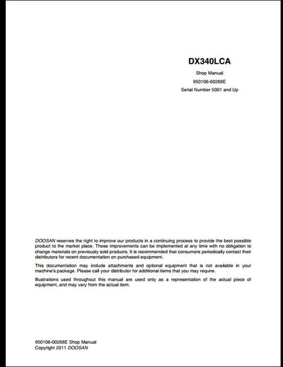 2011 Doosan DX340LCA Crawled Excavator Workshop Service Repair Manual