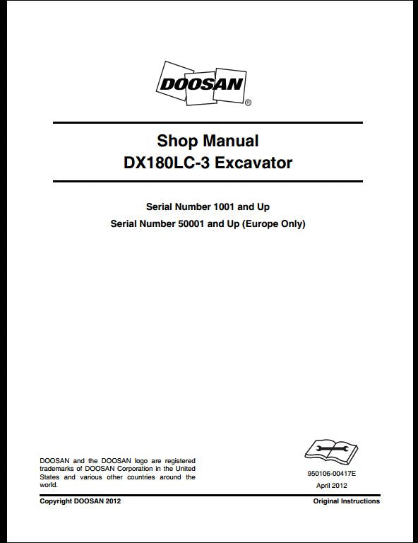 2012 Doosan DX180LC-3 Crawled Excavator Workshop Service Repair Manual