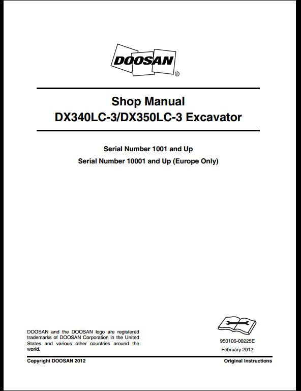2012 Doosan DX340LC-3, DX350LC-3 Crawled Excavator Workshop Service Repair Manual