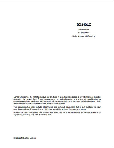 2012 Doosan DX340LC Crawled Excavator Workshop Service Repair Manual