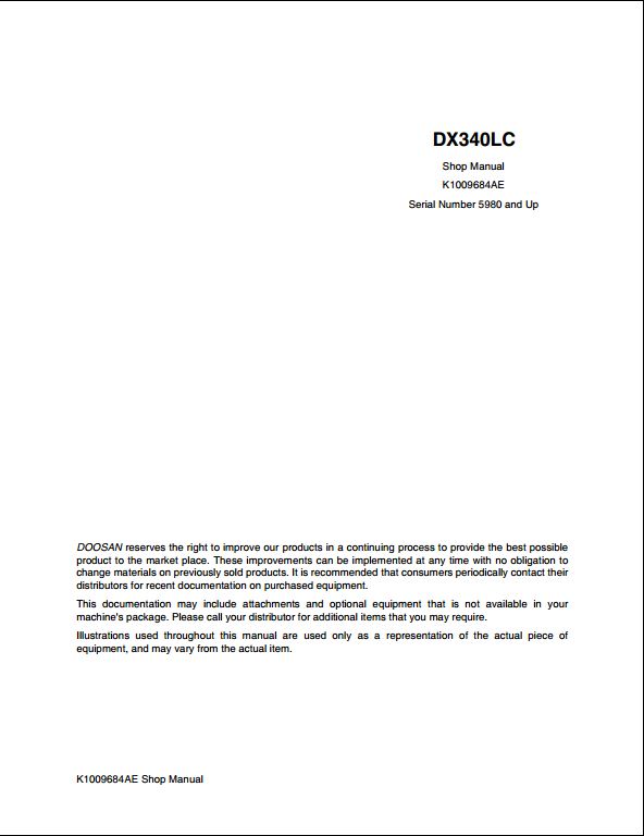 2012 Doosan DX340LC Crawled Excavator Workshop Service Repair Manual