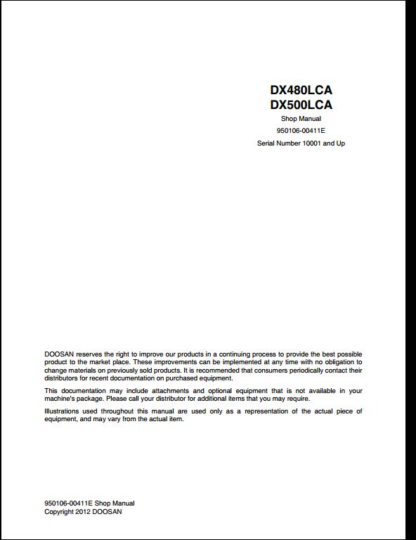 2012 Doosan DX480LCA, DX500LCA Crawled Excavator Workshop Service Repair Manual