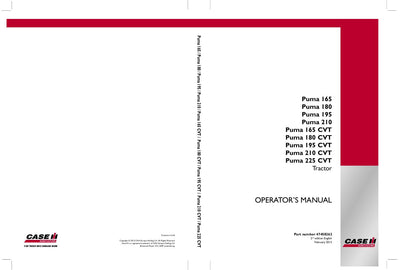 Case IH Tractor Puma 165CVT 180 CT 195CVT210CVT 225CVT Operator’s Manual 47458262 