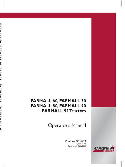 Case IH Tractor Farmall 60 70 80 90 95 Operator’s Manual 84314492