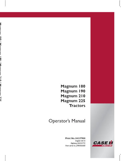 Case IH Tractor Magnum Mid Range 180 190 210 225- Z9rh06000~Powershift & CVT Operator’s Manual 84337988