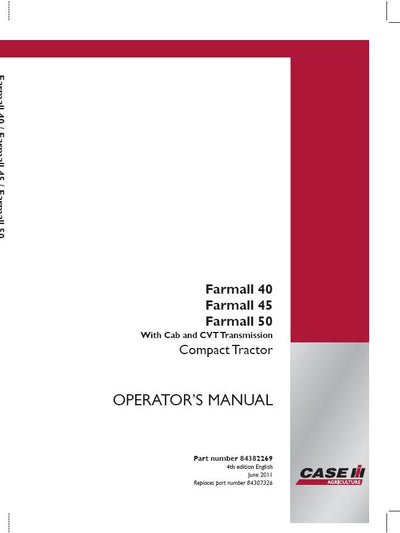 Case IH Tractor Farmall 40 45 50 With Cab & CVT Transmission Compact Operator’s Manual 84382269