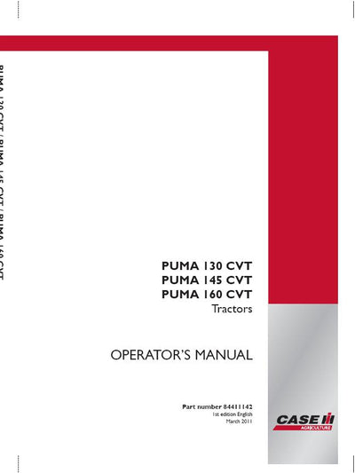 Case IH Tractor PUMA 130, 145, 160 CVT Operator’s Manual 84411142