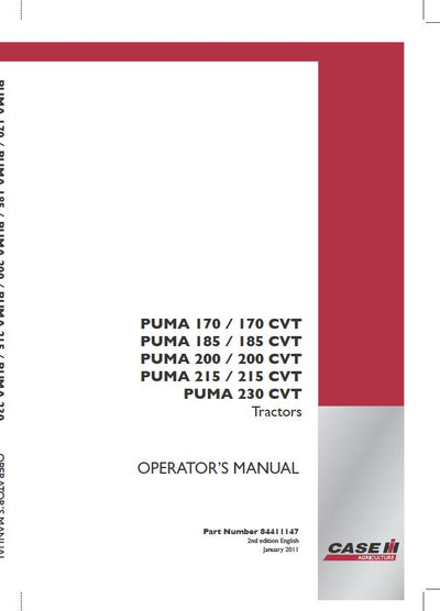 Case IH Tractor PUMA 170,185,200,215 & PUMA 170,185,200,215,230 CVT Operator’s Manual 84411147
