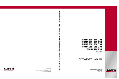 Case IH Tractor Puma 170, 170 CVT, 185, 185 CVT, 200, 200 CVT, 215,215 CVT, 230 CVT Operator’s Manual 84601560