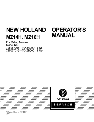 New Holland MZ14H, MZ16H Riding Mower Operator's Manual 87040099