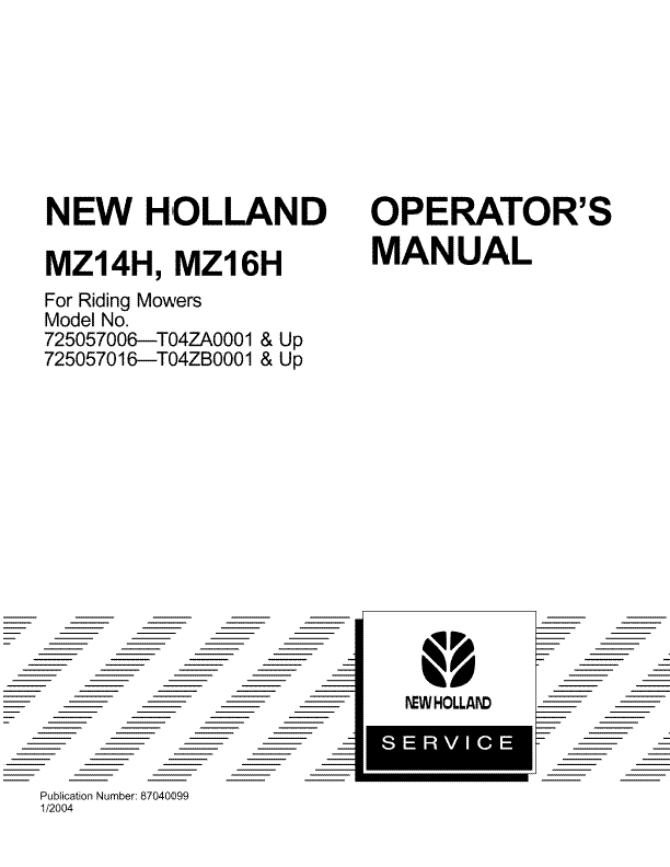 New Holland MZ14H, MZ16H Riding Mower Operator's Manual 87040099