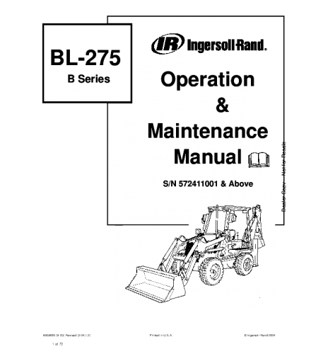 BOBCAT BL-275 B SERIES BACKHOE LOADER OPERATION AND MAINTENANCE MANUAL