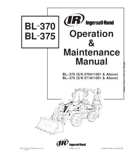 BOBCAT BL-370 BL-375 BACKHOE LOADER OPERATION AND MAINTENANCE MANUAL