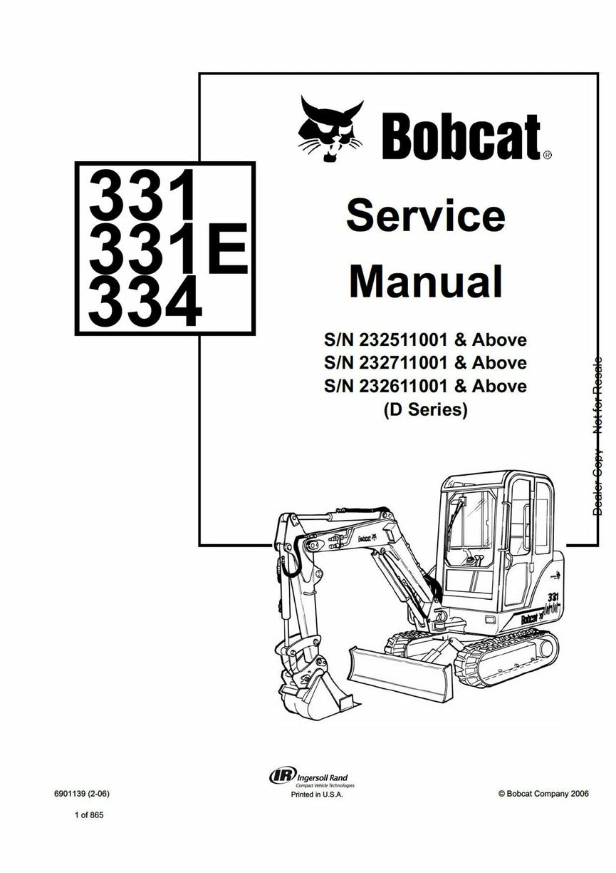Bobcat 331, 331E, 334 Hydraulic Excavator (D Series) Service Repair Manual Download