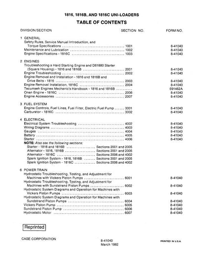 CASE 1816 1816B 1816C UNI-LOADER WORKSHOP SERVICE REPAIR MANUAL 8-41040RO
