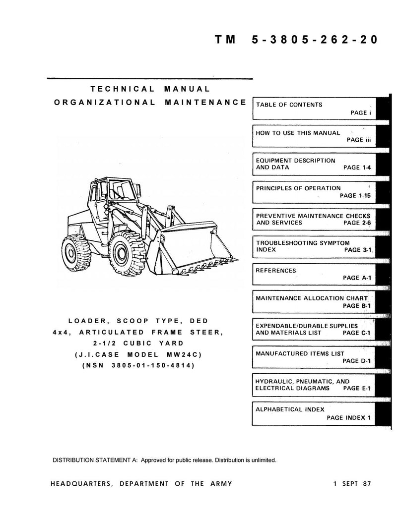 CASE LOADER, SCOOP TYPE, DED, 4 X 4, ARTICULAT FRAME STEER, 2-1/2 CUBIC YARD (J.I. CASE MODEL MW24C) (NSN 3805-01-150-4814) TECHNICAL SERVICE REPAIR MANUAL TM 5-3805-262-20