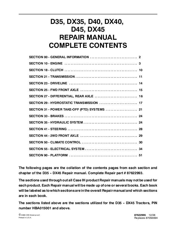 Case IH D35, DX35, D40, DX40, D45, DX45 Tractor Service Repair Manual 87622993