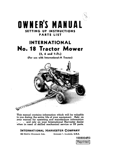 Case IH Tractor International No. 18 NA Tractor Mower Operator’s Manual 1008004R3