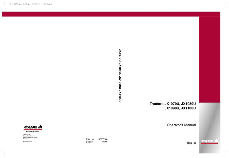 Case IH Tractor JX1070U, JX1080U, JX1090U, JX1100U Operator’s Manual 87558108