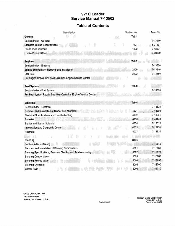 Case 921D Wheel Loader Workshop Service Repair Manual