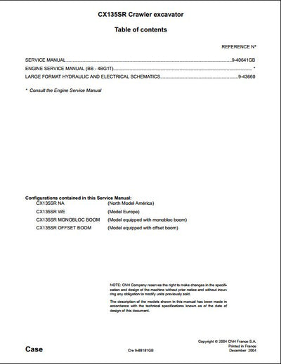 Case CX135SR Crawler Excavator Workshop Service Repair Manual
