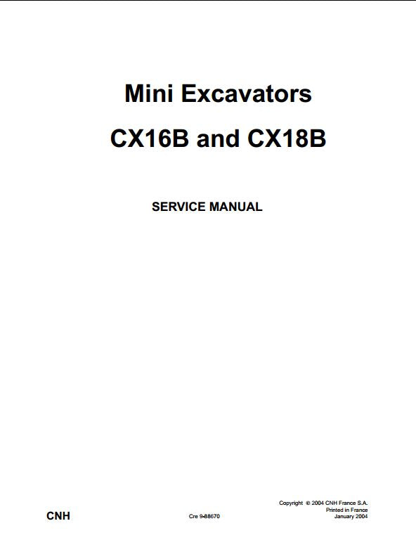Case CX16B CX18B Mini Excavator Workshop Service Repair Manual