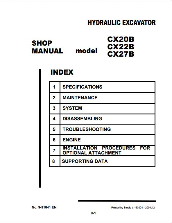 Case CX20B CX22B CX27B Hydraulic Mini Excavator Shop Service Repair Manual