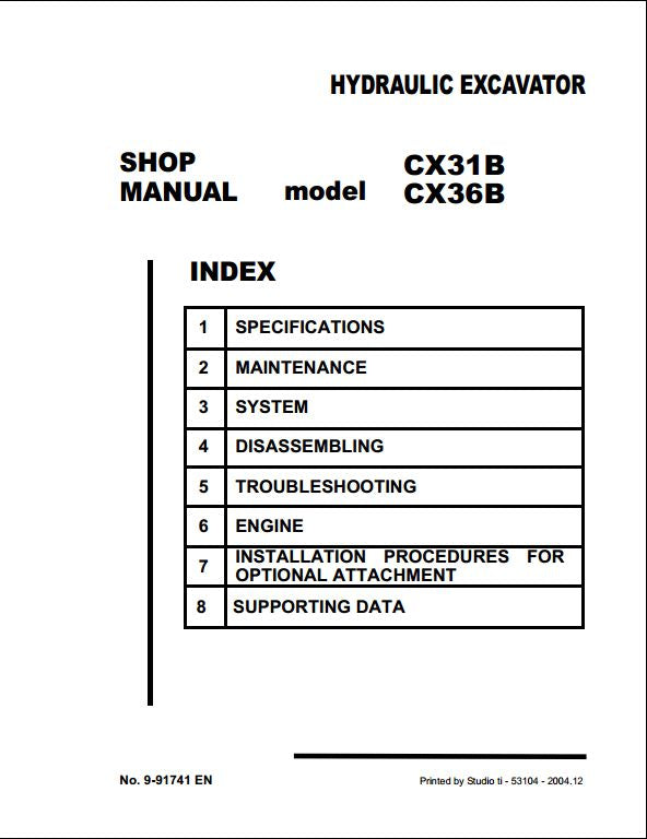 Case CX31B CX36B Mini Excavator Shop Service Repair Manual