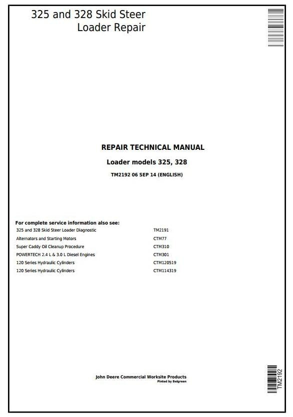 John Deere 325, 328 Skid Steer Loader Service Repair Technical Manual TM2192
