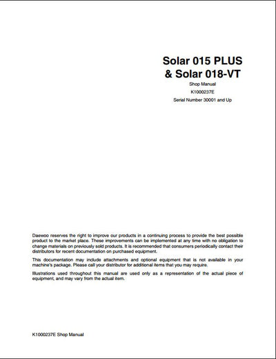 Doosan Solar 015 PLUS, 018-VT Crawled Excavator Workshop Service Repair Manual