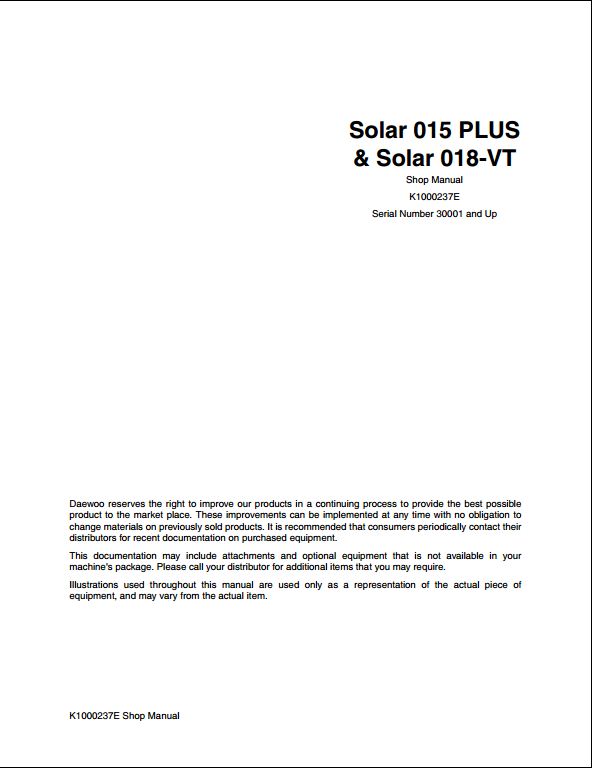 Doosan Solar 015 PLUS, 018-VT Crawled Excavator Workshop Service Repair Manual