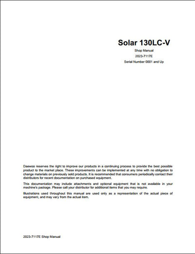 Doosan Solar 130LC-V Crawled Excavator Workshop Service Repair Manual