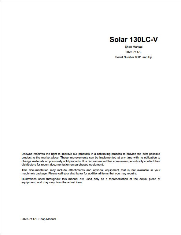 Doosan Solar 130LC-V Crawled Excavator Workshop Service Repair Manual