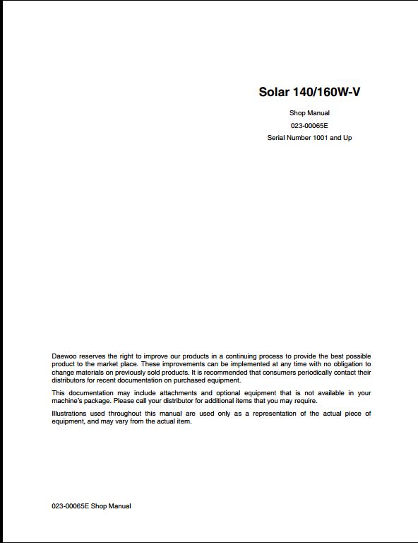Doosan Solar 140, 160W-V Wheeled Excavator Workshop Service Repair Manual