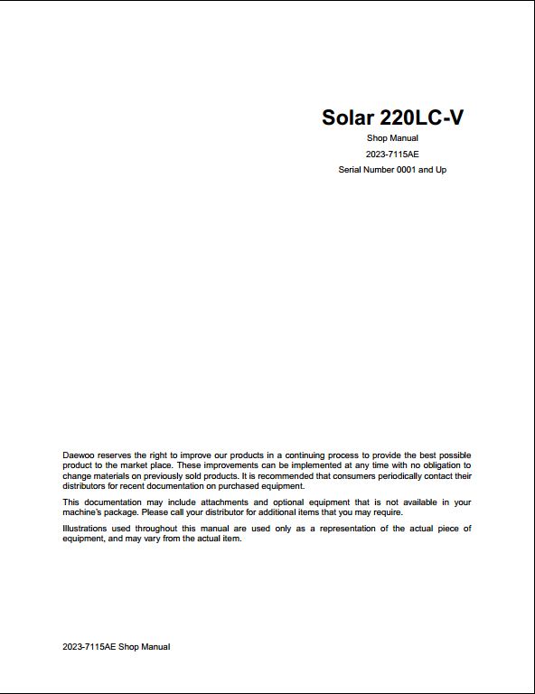Doosan Solar 220LC-V Crawled Excavator Workshop Service Repair Manual