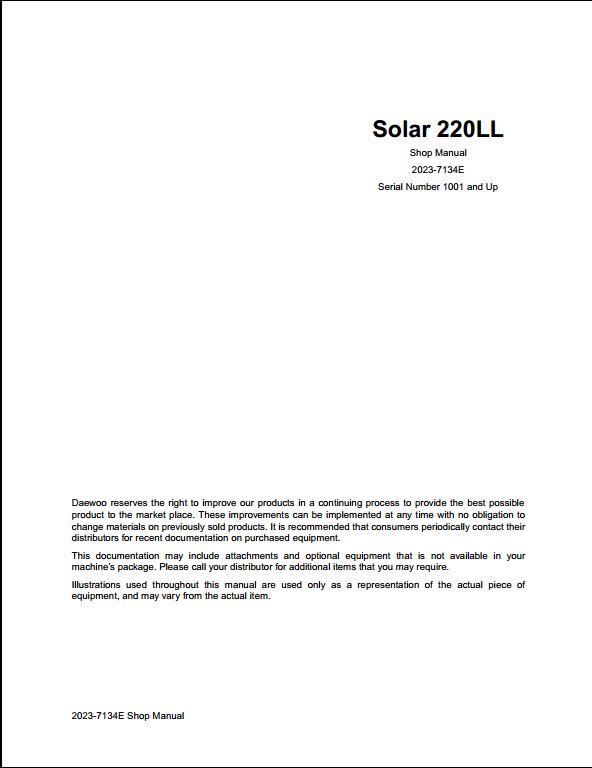 Doosan Solar 220LL Crawled Excavator Workshop Service Repair Manual