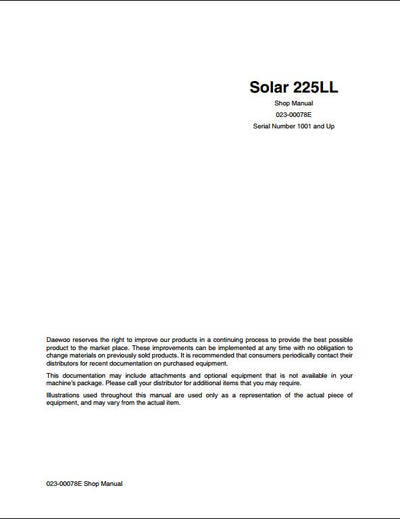 Doosan Solar 225LL Crawled Excavator Workshop Service Repair Manual