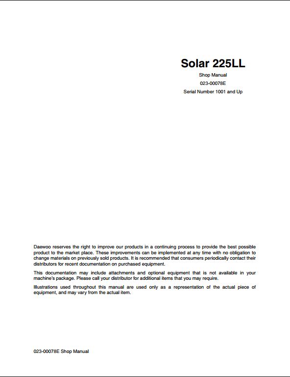 Doosan Solar 225LL Crawled Excavator Workshop Service Repair Manual