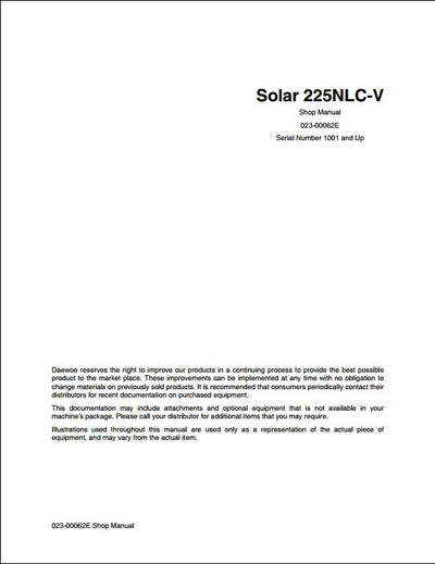 Doosan Solar 225NLC-V Crawled Excavator Workshop Service Repair Manual