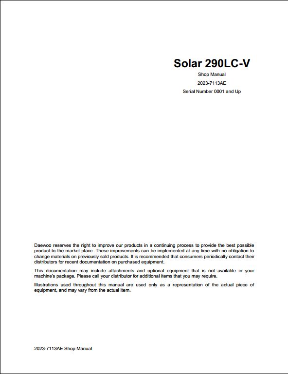 Doosan Solar 290LC-V Crawled Excavator Workshop Service Repair Manual