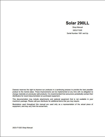Doosan Solar 290LL Crawled Excavator Workshop Service Repair Manual