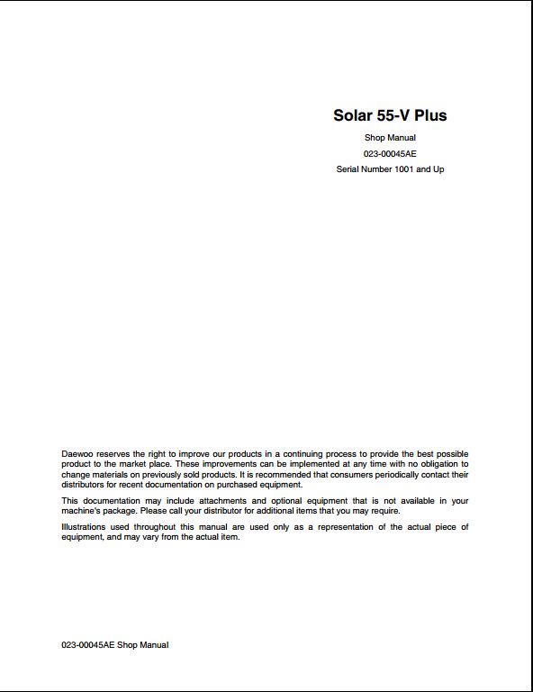 Doosan Solar 55-V Plus Crawled Excavator Workshop Service Repair Manual