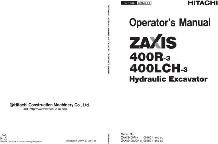 Download Hitachi Zaxis 400LCH-3 Zaxis 400R-3 Hydraulic Excavator Operators Manual