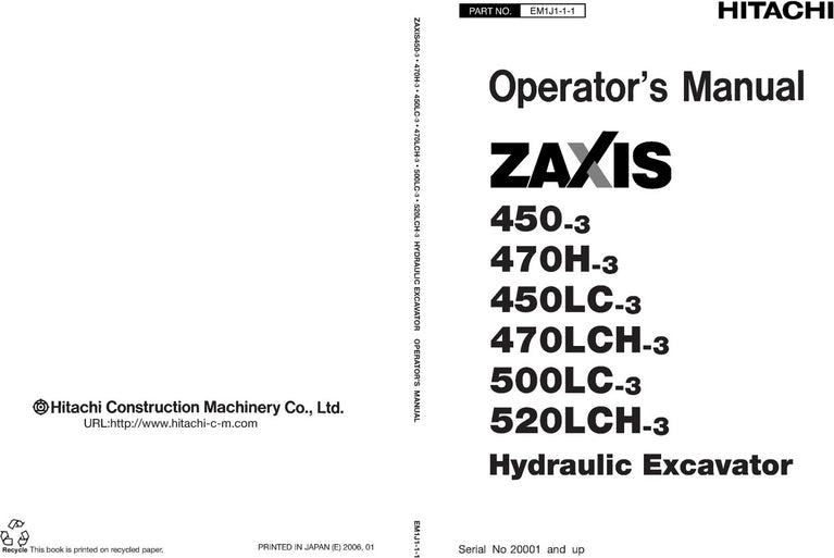 Download Hitachi Zaxis 450-3 450LC-3 470H-3 470LCH-3 500LC-3 520LCH-3 Excavator Operators Manual