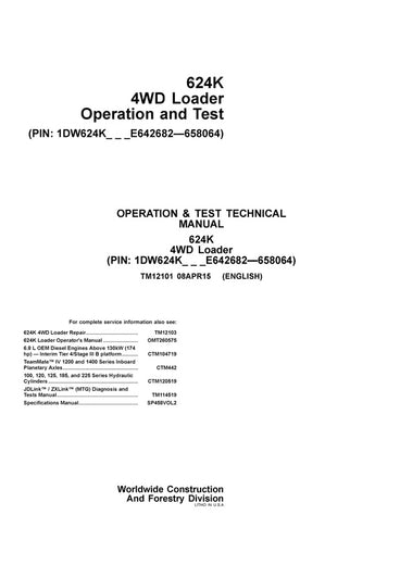 JOHN DEERE 624K WHEEL LOADER OPERATION AND TEST MANUAL TM12101