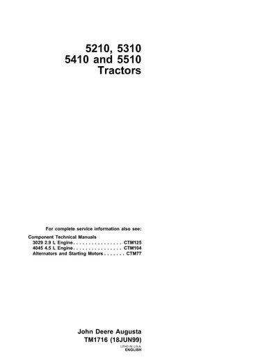 John Deere 5210, 5310, 5410, and 5510 Tractor Service Repair Technical Manual PDF