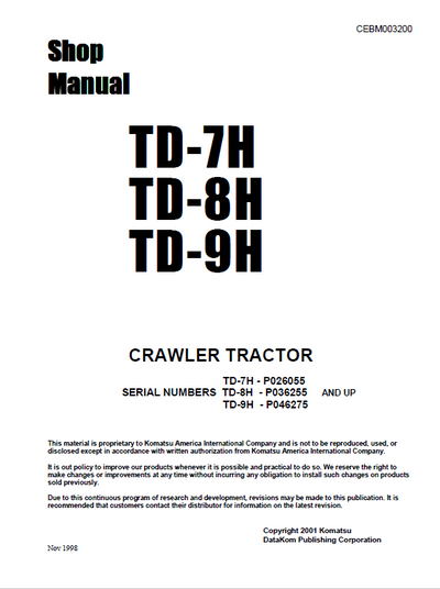 Download Komatsu Dresser TD7H, TD8H, TD9H Dozer Service Repair Shop Manual