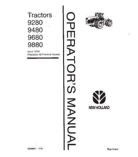 FORD NEW HOLLAND 9280, 9480, 9680, 9880 TRACTOR OPERATOR'S MANUAL
