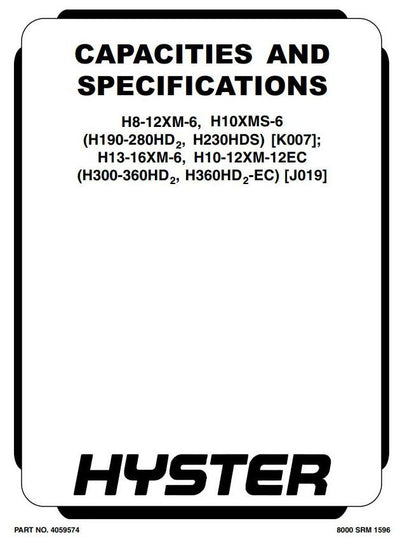 Hyster H10XM-12EC, H12XM-12EC, H13XM-6, H14XM-6 H16XM-6 Forklift Truck J019 Series Service Repair Manual